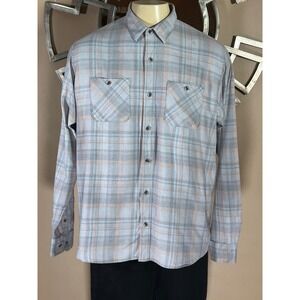 Travis Mathew Mens Long Sleeve Plaid Button Up Shirt Size Large Gray Blue Orange